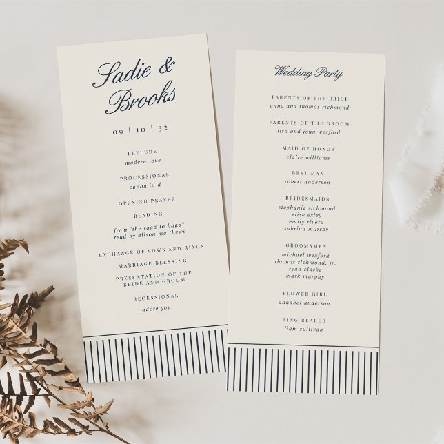 Navy & Cream Classic Script Pinstripe Wedding Program (Creator Uploaded)