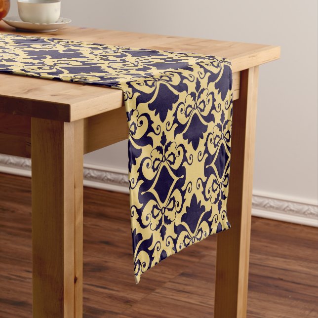 Navy Cream Damask Bows Short Table Runner (In Situ)