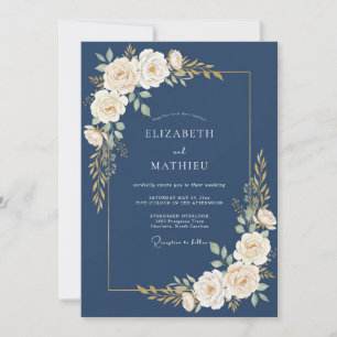 Navy Cream Floral Flourish Wedding Invitation