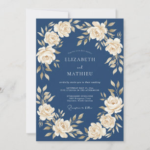Navy Cream Floral Garland Wedding Invitation