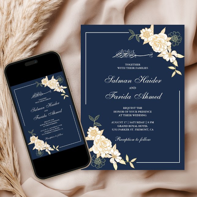 Navy Cream Floral Leaves Branch Muslim Wedding Invitation (Creator Uploaded)