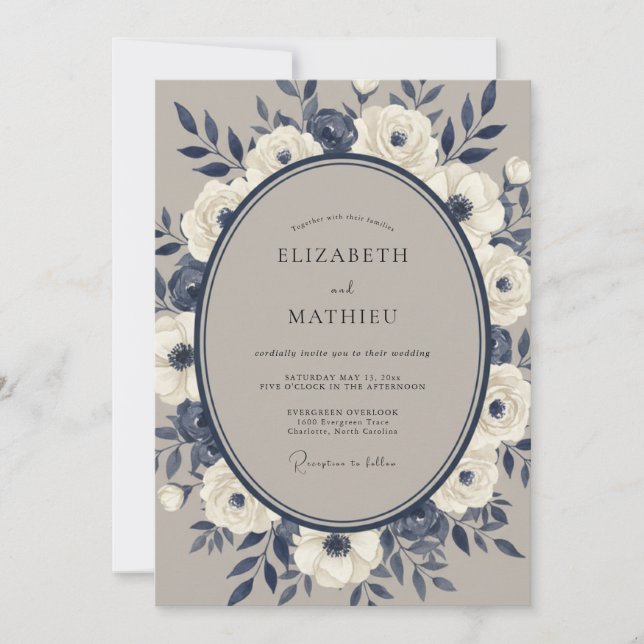 Navy Cream Floral Romance Wedding Invitation (Front)