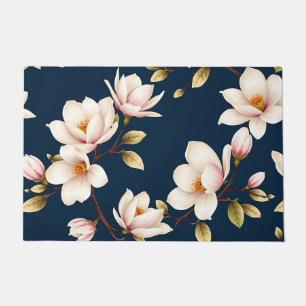 Navy Cream Magnolia Blossom Pattern Doormat