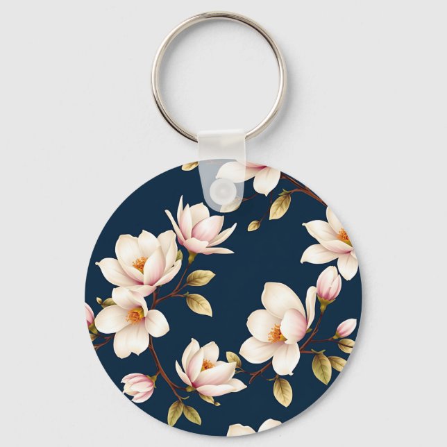 Navy Cream Magnolia Blossom Pattern Key Ring (Front)