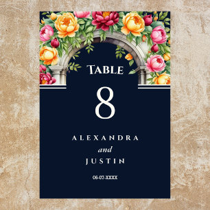 Navy Cream Mediterranean Floral Arch Wedding   Table Number