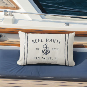Navy & Cream Personalised Boat Name Anchor Lumbar Cushion