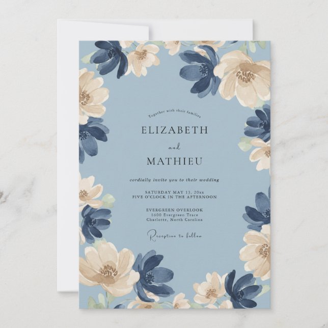 Navy Cream Petal Wedding Invitation (Front)