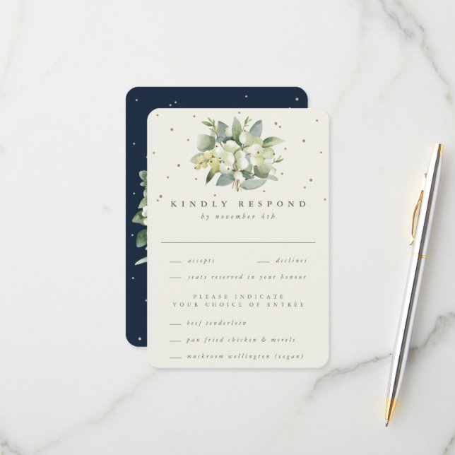Navy/Cream Snowberry+Eucalyptus Bouquet Wedding RSVP Card (Front/Back In Situ)
