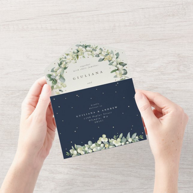 Navy/Cream Snowberry+Eucalyptus Winter Wedding All In One Invitation (Opening)