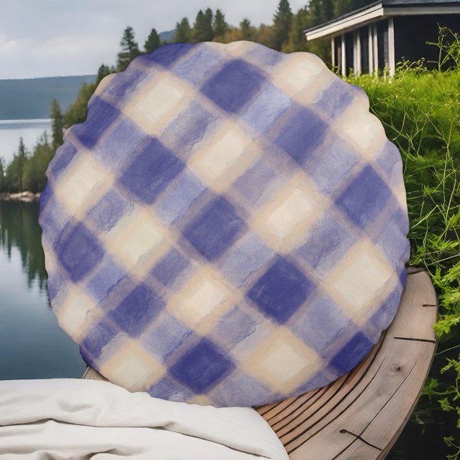 Navy cream tartan buffalo plaid watercolor rustic  round cushion (Creator Uploaded)