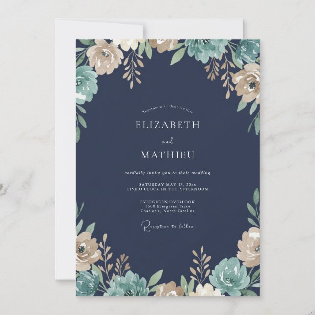 Navy Cream Wildflower Wedding Invitation (Front)