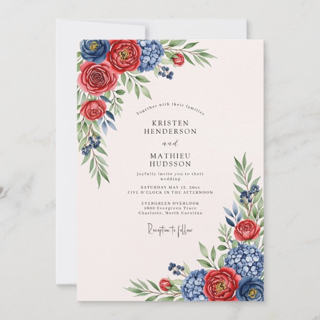 Navy Crimson Artistic Traditional Wedding Invitation (Front)