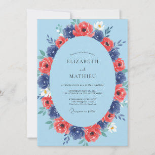 Navy Crimson Petal Wedding Invitation