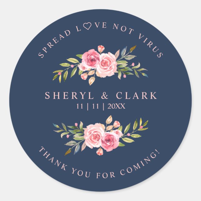 Navy Custom Pink Garland Wreath Wedding Sanitizer Classic Round Sticker (Front)