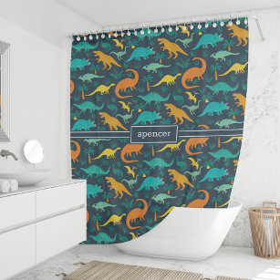 Navy   Cute Colorful Dinosaur Pattern Kids Name Shower Curtain