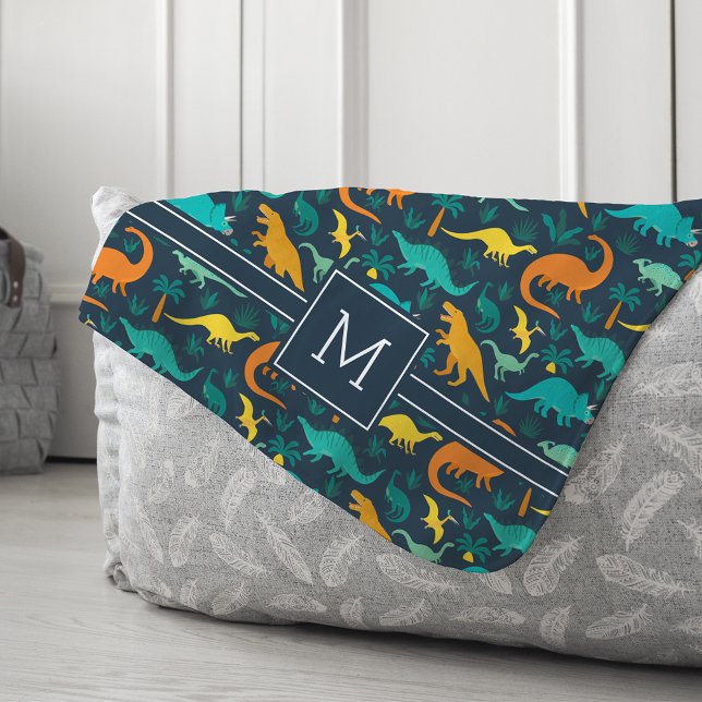 Navy | Cute Colourful Dinosaur Pattern Kid Monogra Sherpa Blanket (Creator Uploaded)