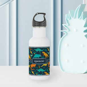 Navy   Cute Colourful Dinosaur Pattern Kids Name 532 Ml Water Bottle