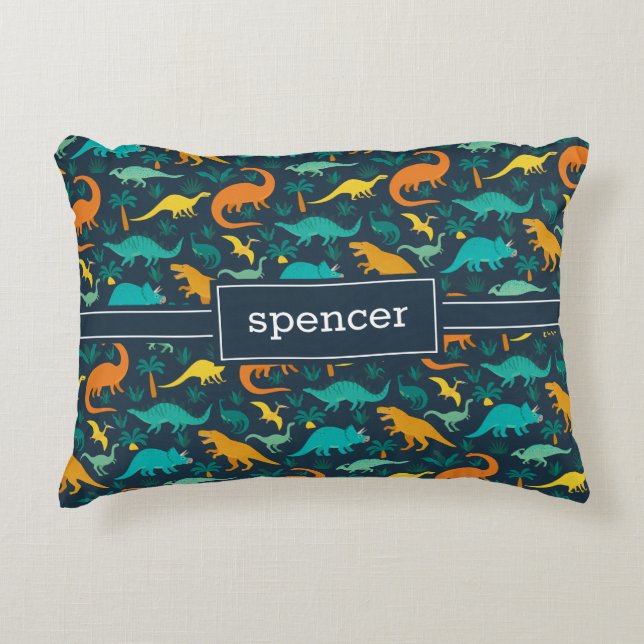 Navy | Cute Colourful Dinosaur Pattern Kids Name Decorative Cushion (Front)