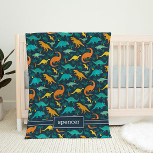 Navy   Cute Colourful Dinosaur Pattern Kids Name Fleece Blanket