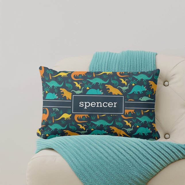 Navy | Cute Colourful Dinosaur Pattern Kids Name Lumbar Cushion (Creator Uploaded)