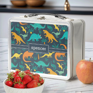 Navy   Cute Colourful Dinosaur Pattern Kids Name Metal Lunch Box