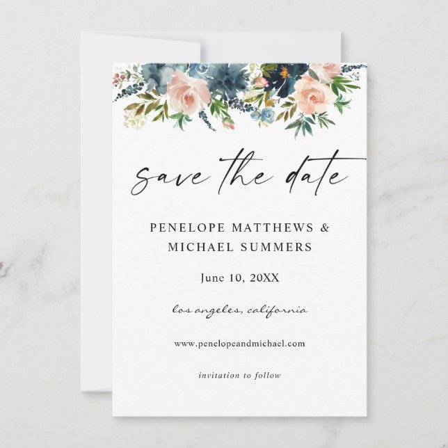 Navy D Blue & Pink Floral Save the Date Photo V2 (Front)