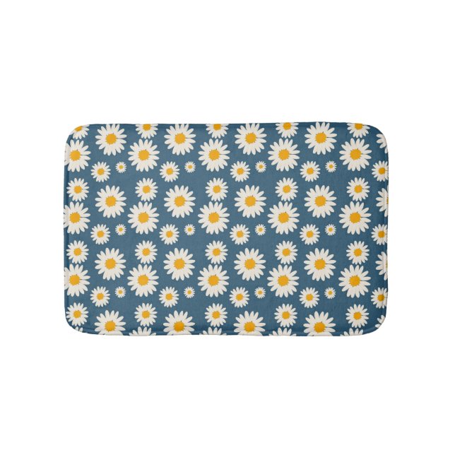 Navy Daisy Floral Bohemian Botanical Pattern Bath Mat (Front)