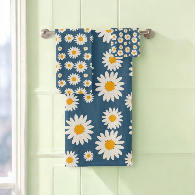 Navy Daisy Floral Bohemian Botanical Pattern Bath Towel Set (Creator Uploaded)