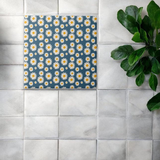 Navy Daisy Floral Bohemian Botanical Pattern Ceramic Tile (Creator Uploaded)