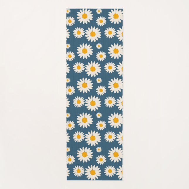 Navy Daisy Floral Bohemian Botanical Pattern Yoga Mat (Front)
