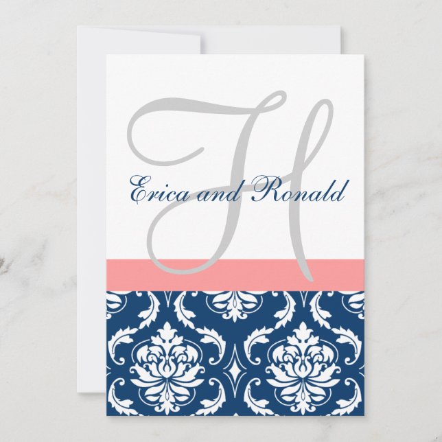 Navy Damask Coral Monogram Wedding Invitation (Front)