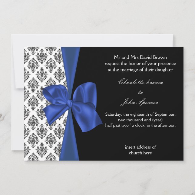 Navy Damask FAUX ribbon design Invitation (Front)