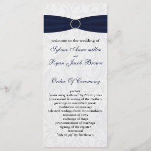 Navy  damask FAUX ribbon diamante buckle Wedding Program