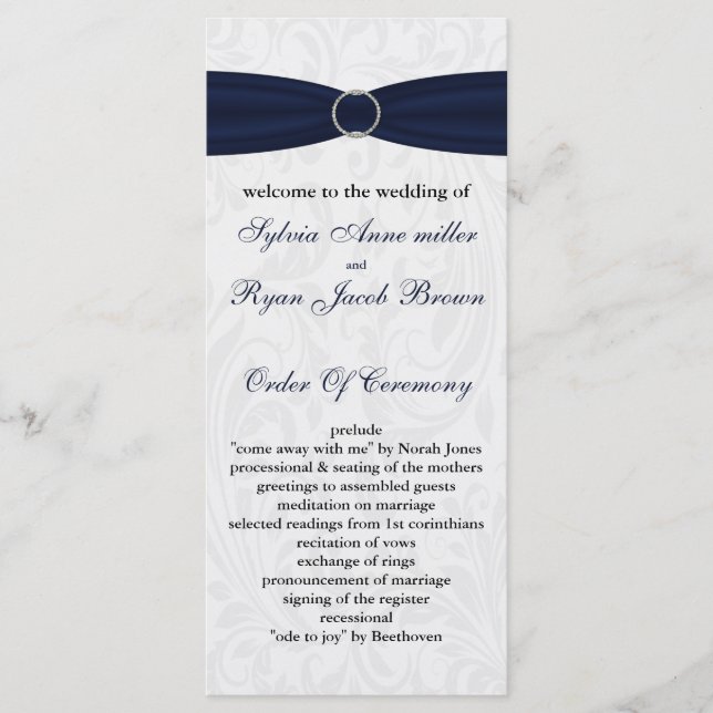 Navy  damask FAUX ribbon diamante buckle Wedding Program (Front)