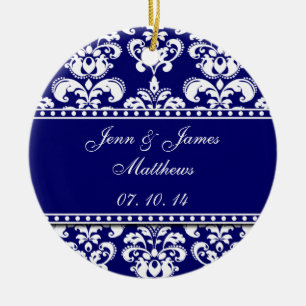 Navy Damask Names Date Wedding Ornaments