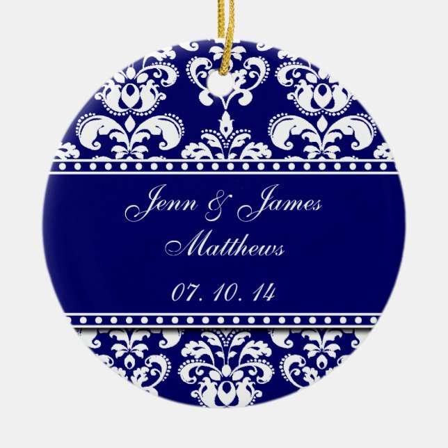 Navy Damask Names Date Wedding Ornaments (Front)