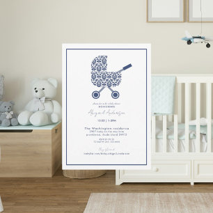 Navy Damask Pram Baby Shower Invitation