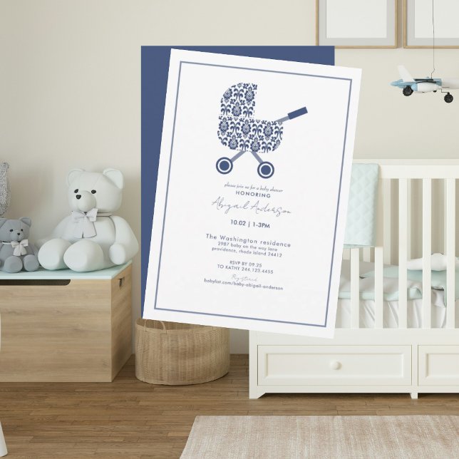 Navy Damask Pram Baby Shower Invitation (Creator Uploaded)
