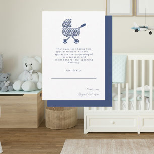 Navy Damask Pram Baby Shower Thank You Card