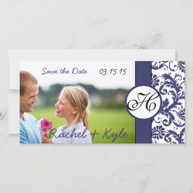 Navy Damask Save the Date (Front)