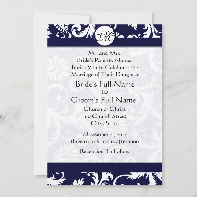 Navy Damask Swirls Wedding Invitation (Front)
