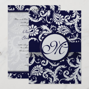 Navy Damask Swirls Wedding Invitation