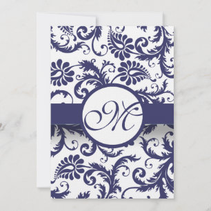 Navy Damask Swirls Wedding Invitation on Linen