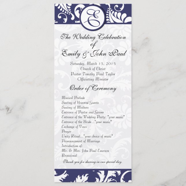 Navy Damask Swirls Wedding Program (Front)
