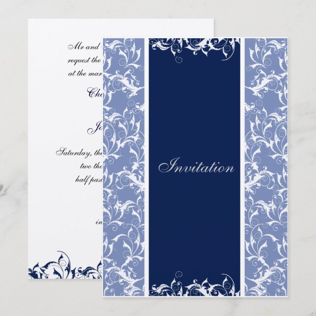 navy Damask  wedding invitation (Front/Back)