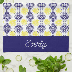 Navy Damask with Yellow Lemons Pattern Tea Towel