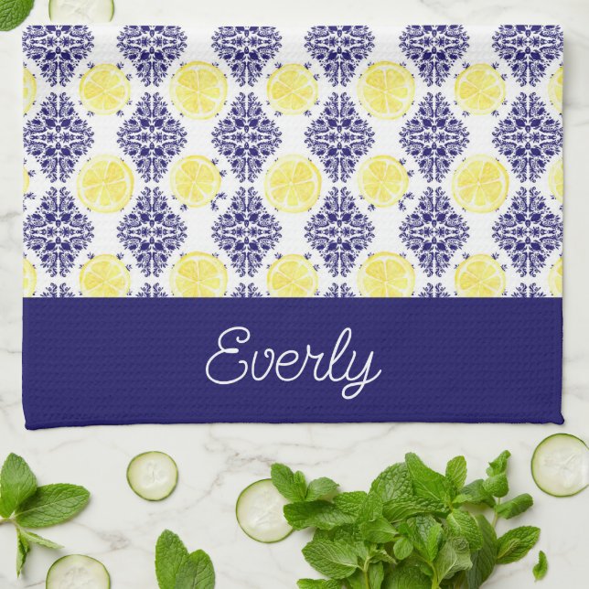 Navy Damask with Yellow Lemons Pattern Tea Towel (Folded)