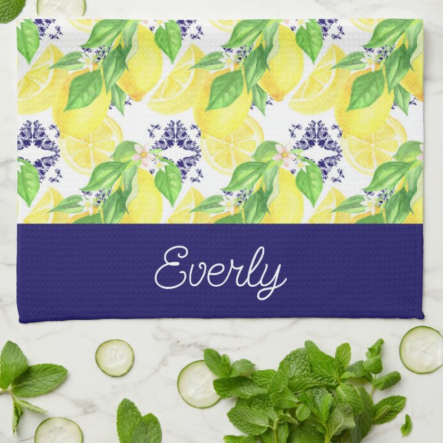 Navy Damask with Yellow Lemons Pattern Tea Towel (Folded)