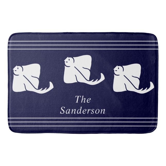 Navy Dark Blue Coastal Nautical Stingray Manta Ray Bath Mat (Front)
