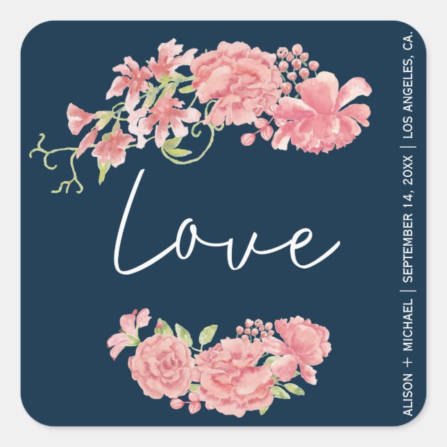 Navy dark blue pink peonies wedding  love script square sticker (Front)